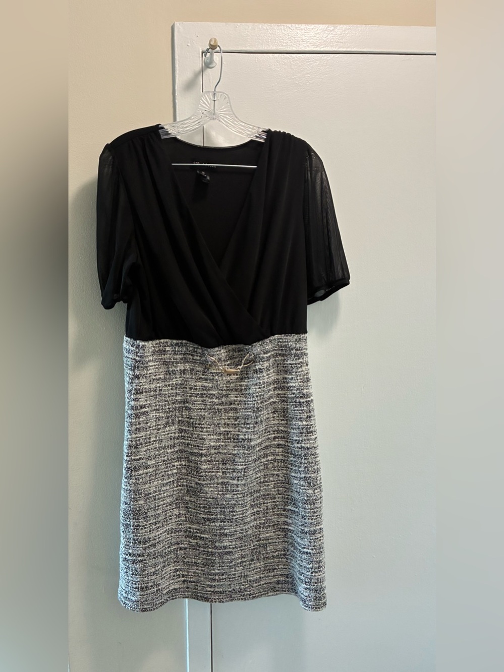 Elegant Black Top with Gray Tweed Midi Skirt Dress